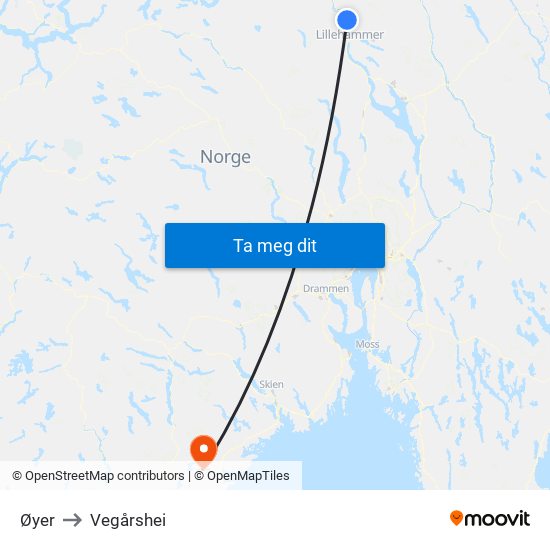 Øyer to Vegårshei map