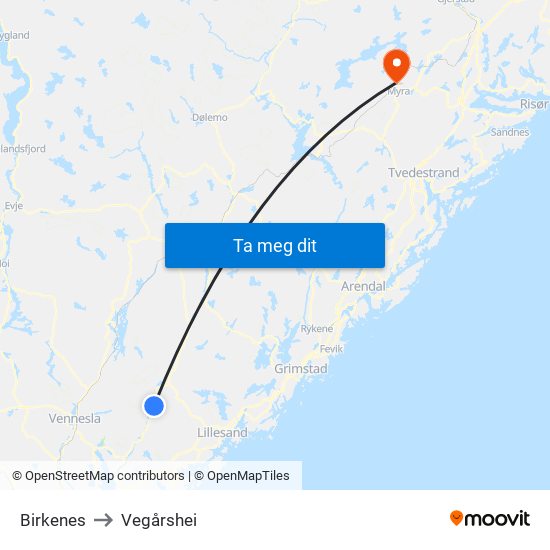 Birkenes to Vegårshei map