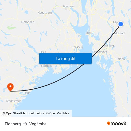 Eidsberg to Vegårshei map