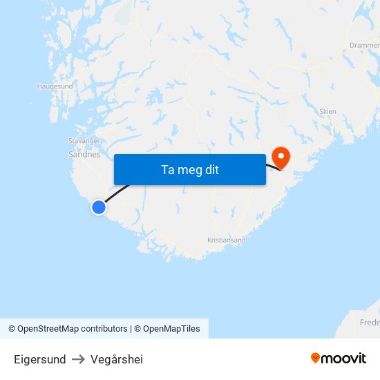 Eigersund to Vegårshei map