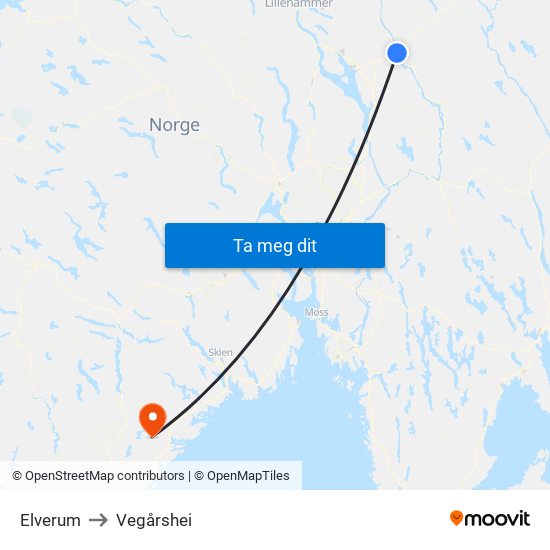 Elverum to Vegårshei map