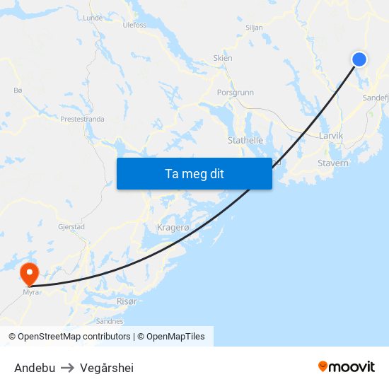 Andebu to Vegårshei map