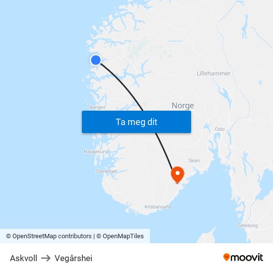 Askvoll to Vegårshei map