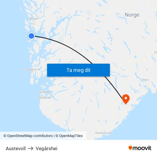 Austevoll to Vegårshei map