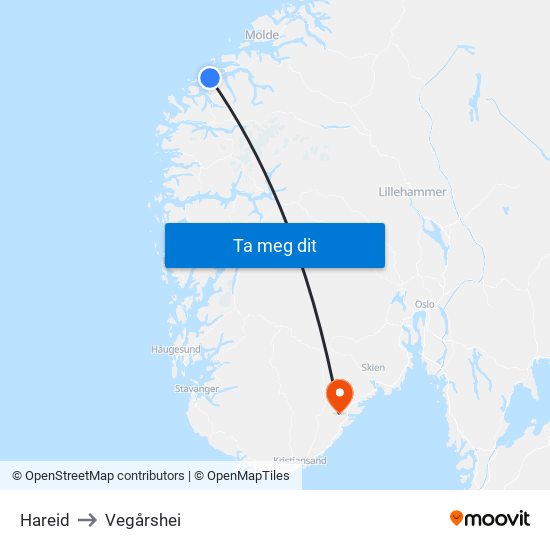 Hareid to Vegårshei map