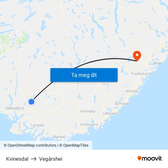 Kvinesdal to Vegårshei map