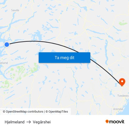 Hjelmeland to Vegårshei map