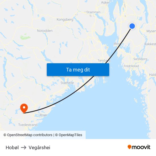 Hobøl to Vegårshei map