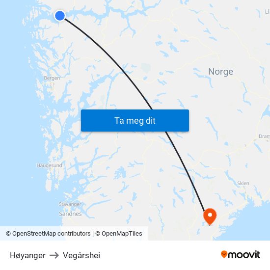 Høyanger to Vegårshei map