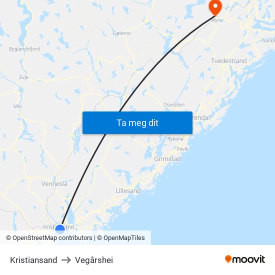 Kristiansand to Vegårshei map