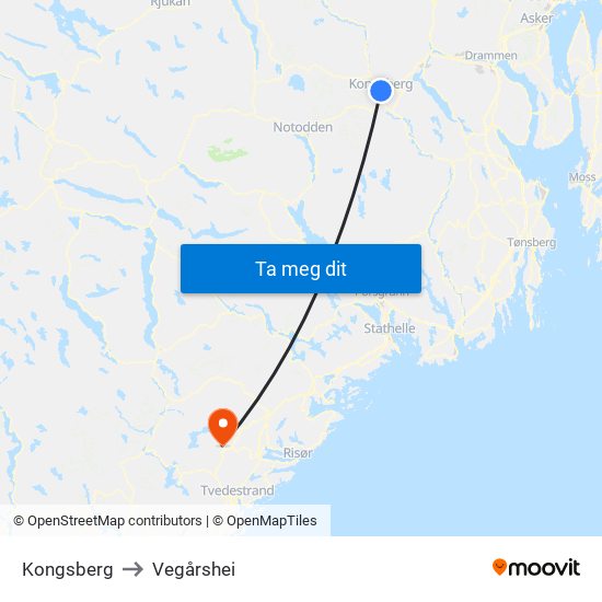 Kongsberg to Vegårshei map