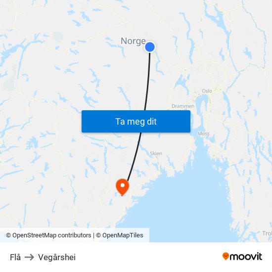 Flå to Vegårshei map