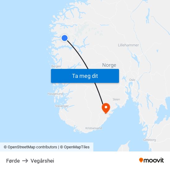 Førde to Vegårshei map