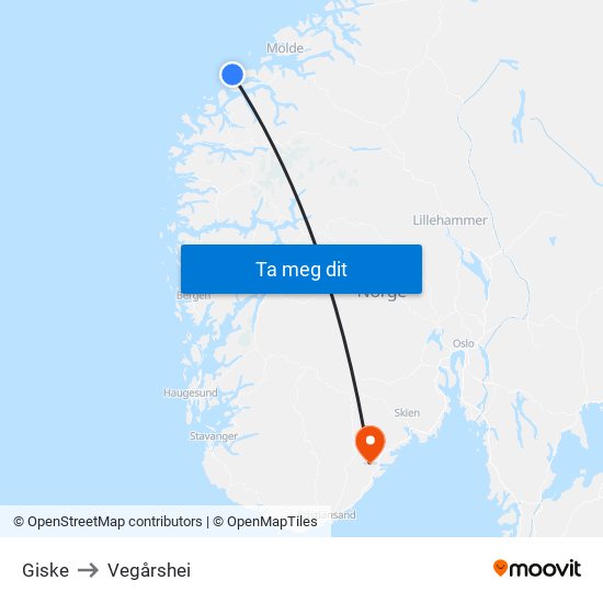 Giske to Vegårshei map