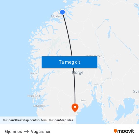 Gjemnes to Vegårshei map