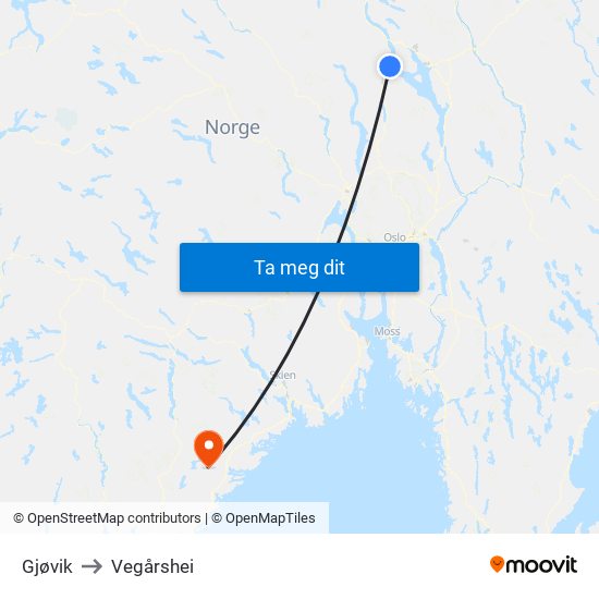 Gjøvik to Vegårshei map