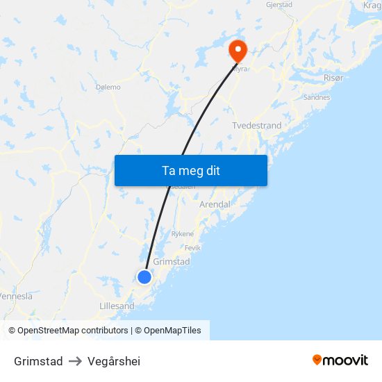 Grimstad to Vegårshei map