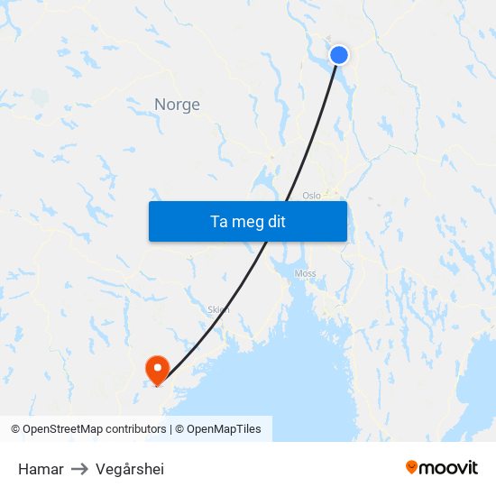 Hamar to Vegårshei map