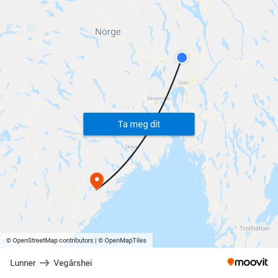 Lunner to Vegårshei map