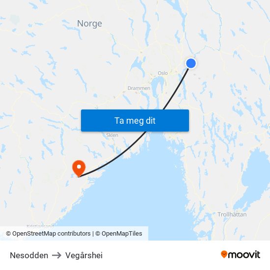 Nesodden to Vegårshei map