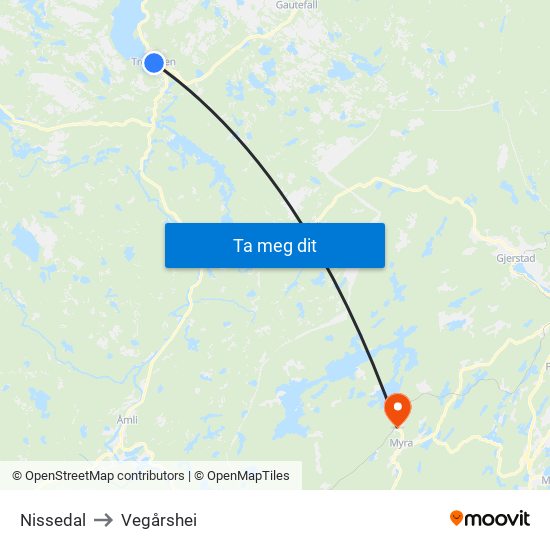 Nissedal to Vegårshei map