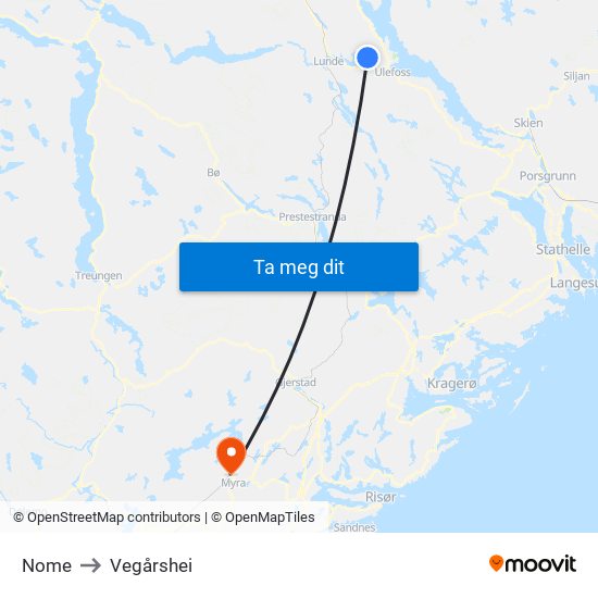 Nome to Vegårshei map
