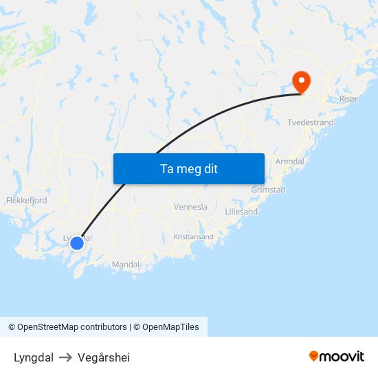 Lyngdal to Vegårshei map