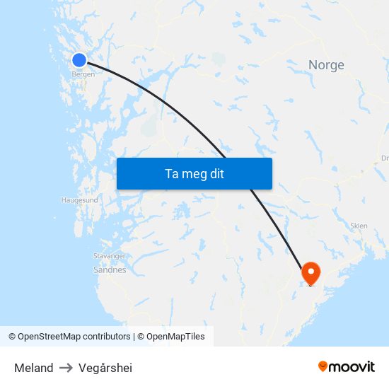 Meland to Vegårshei map