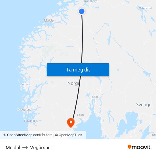 Meldal to Vegårshei map