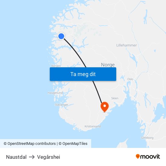 Naustdal to Vegårshei map