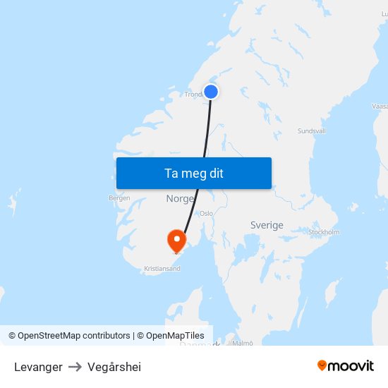 Levanger to Vegårshei map