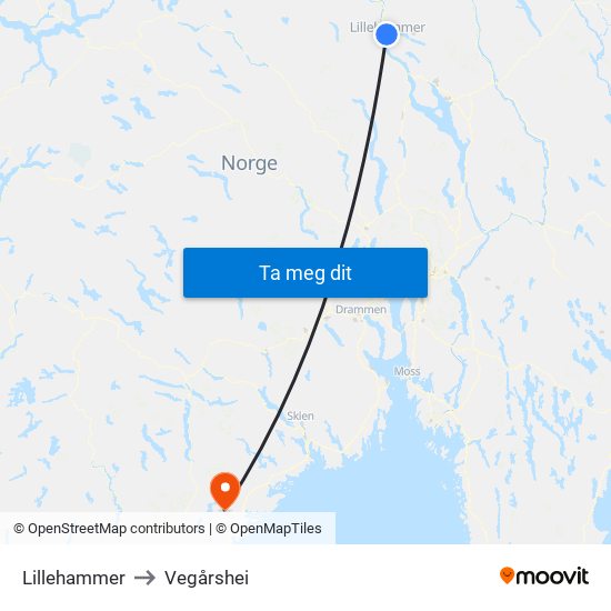 Lillehammer to Vegårshei map