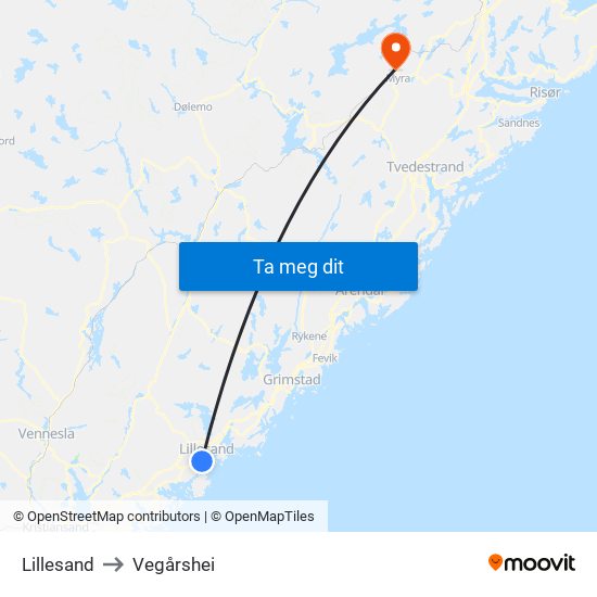 Lillesand to Vegårshei map