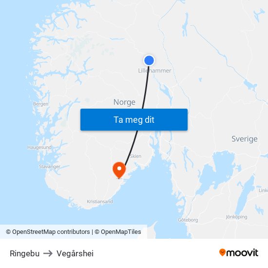 Ringebu to Vegårshei map