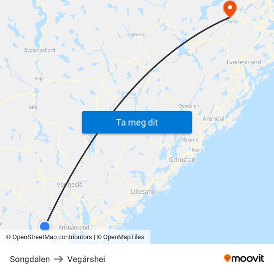 Songdalen to Vegårshei map