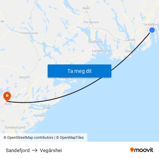 Sandefjord to Vegårshei map