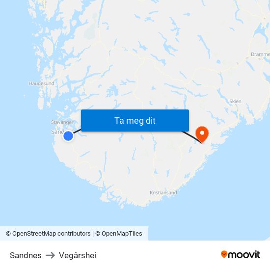 Sandnes to Vegårshei map