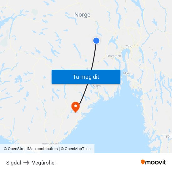 Sigdal to Vegårshei map