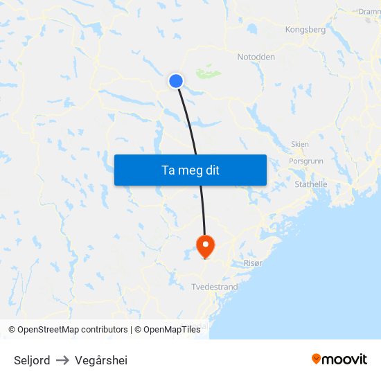 Seljord to Vegårshei map