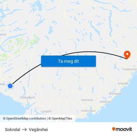 Sokndal to Vegårshei map