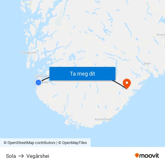 Sola to Vegårshei map