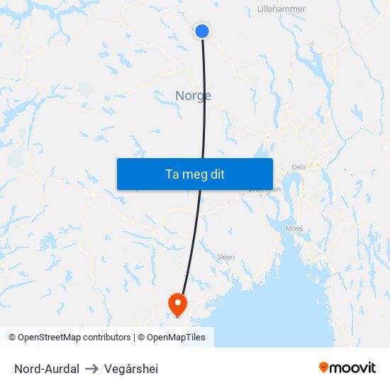 Nord-Aurdal to Vegårshei map