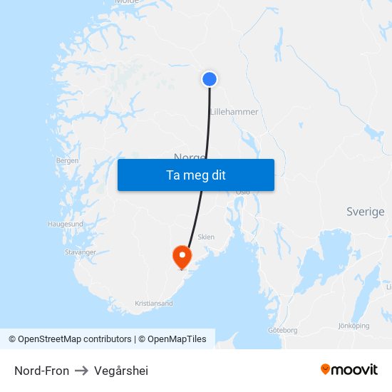 Nord-Fron to Vegårshei map