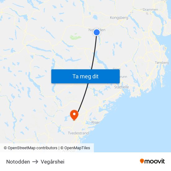 Notodden to Vegårshei map