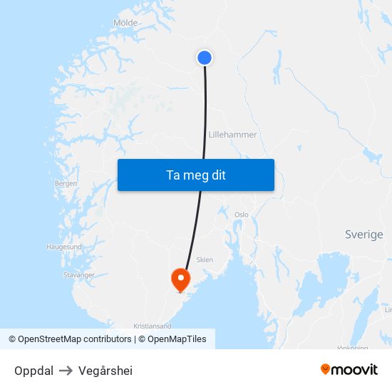 Oppdal to Vegårshei map