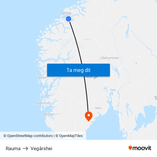 Rauma to Vegårshei map