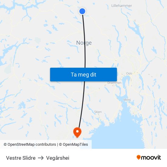 Vestre Slidre to Vegårshei map