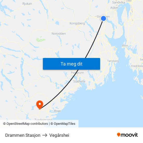 Drammen Stasjon to Vegårshei map