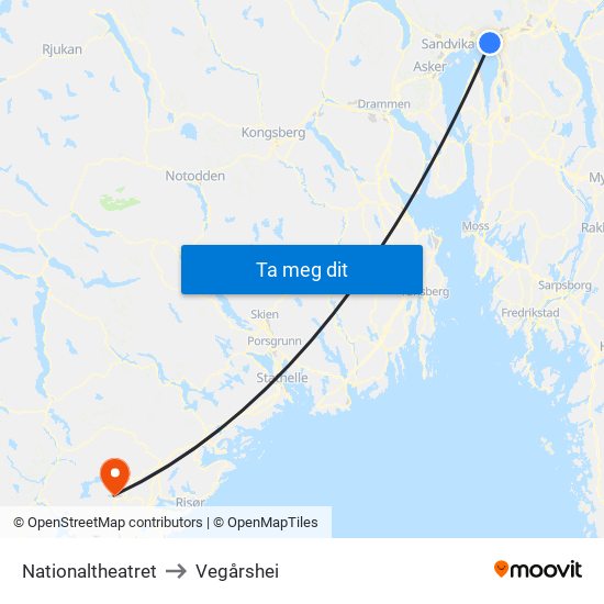 Nationaltheatret to Vegårshei map