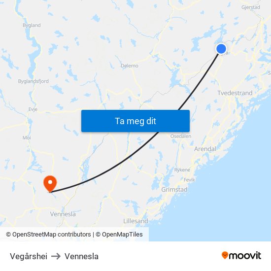 Vegårshei to Vennesla map